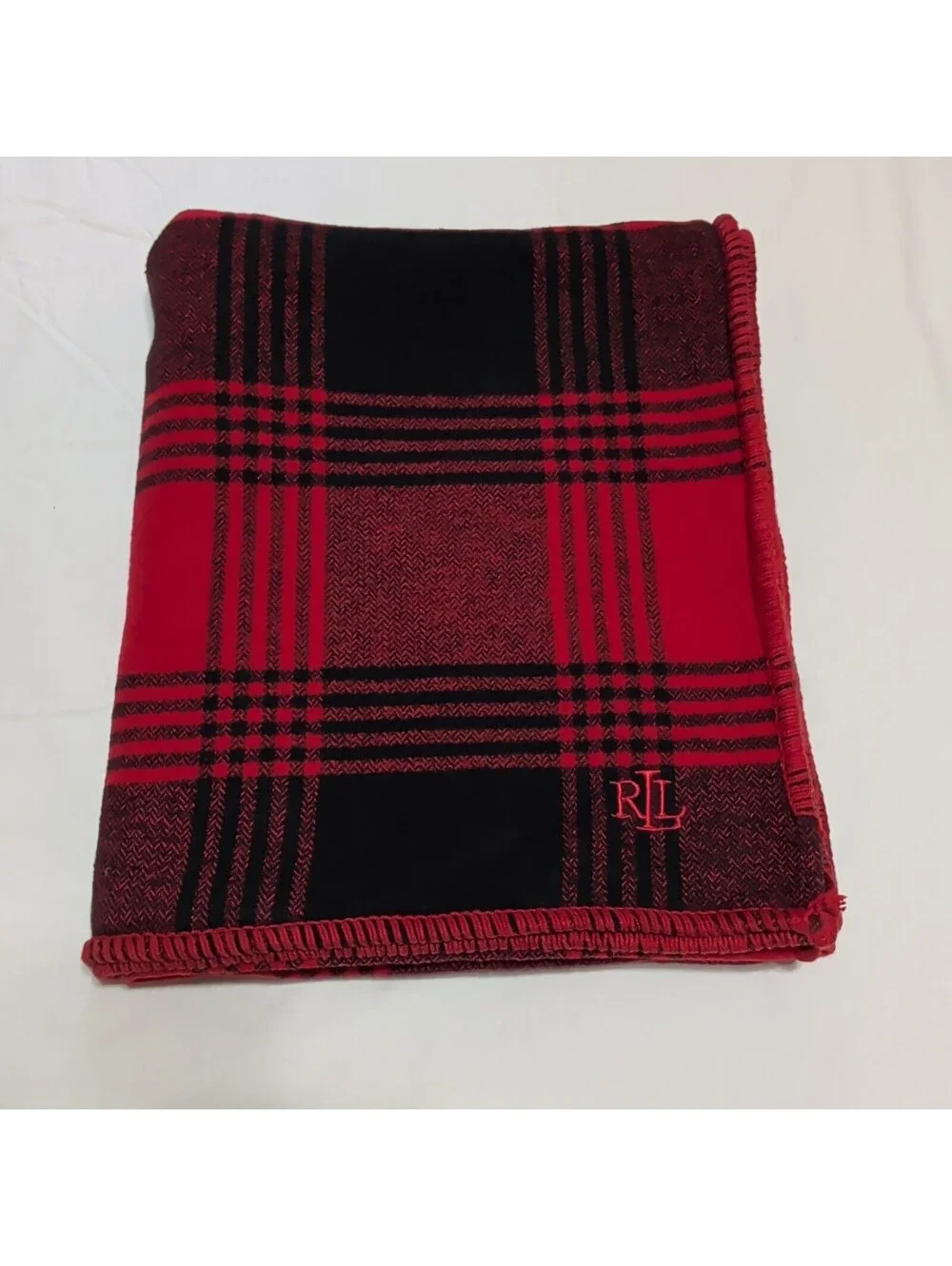 Lauren Ralph Lauren Red Black Plaid Cotton Throw Blanket RL Logo 55x65